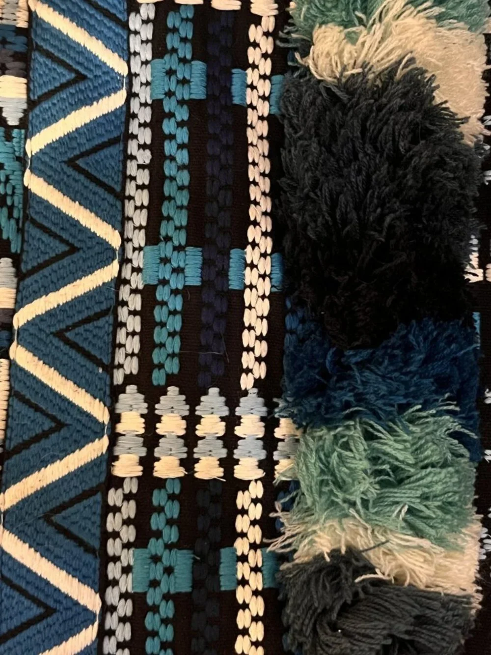 NWOT Figue boho designer Blue Black XL Woven Tote, Fringe & Pom Poms